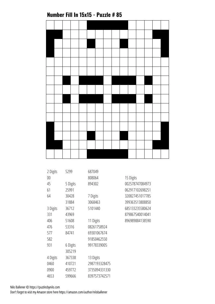 free downloadable puzzle number fill in 15x15 # 85 — puzzlesnilo